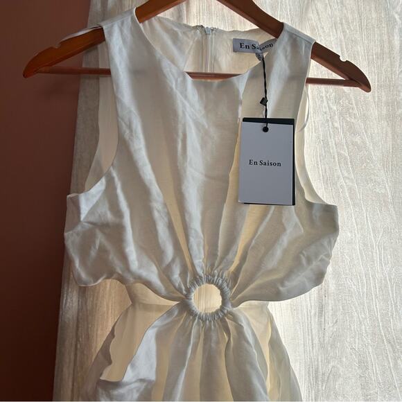 EN SAISON Sophie Sleeveless Cut Out Midi Dress Off White Linen Blend NWT S Flaw* - Picture 3 of 8